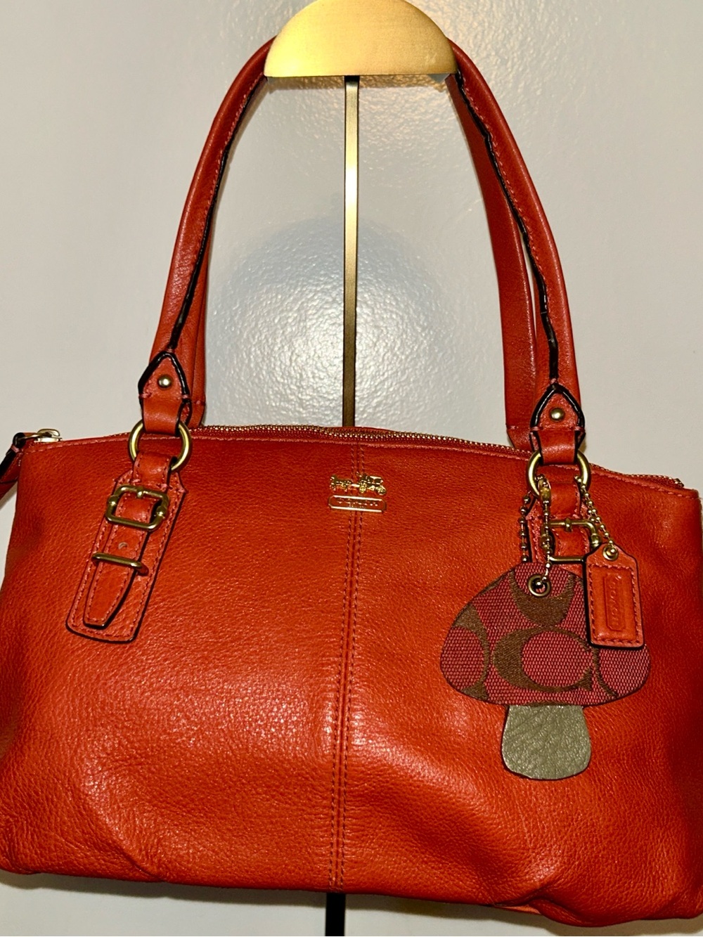 Coach Madison model, the Sophia Satchel. Upcycled Mushroom Charm and Dust Bag - Picture 3 of 10